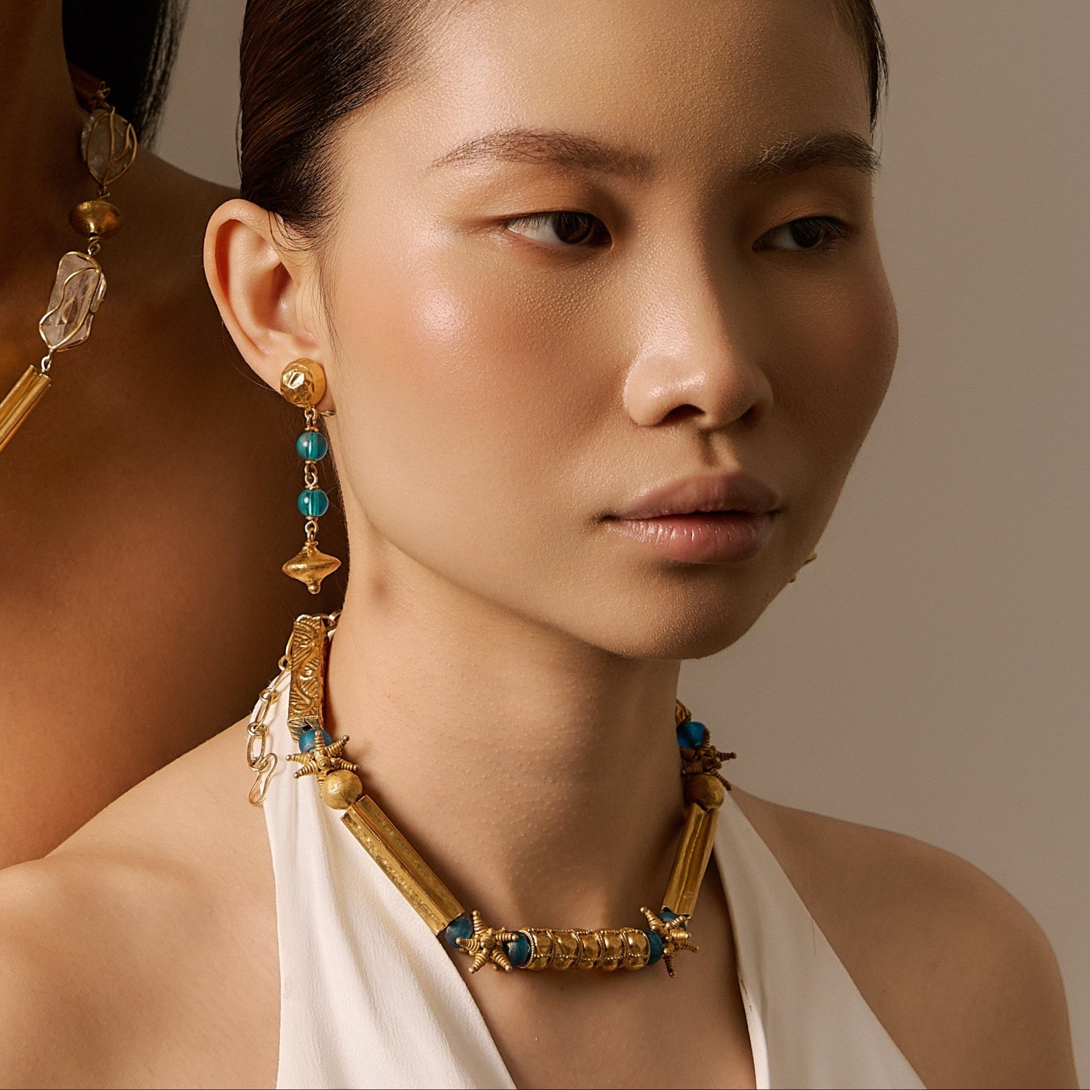 CELESTINA NECKLACE- Sapphire Glass & Sculptural Gold Necklace